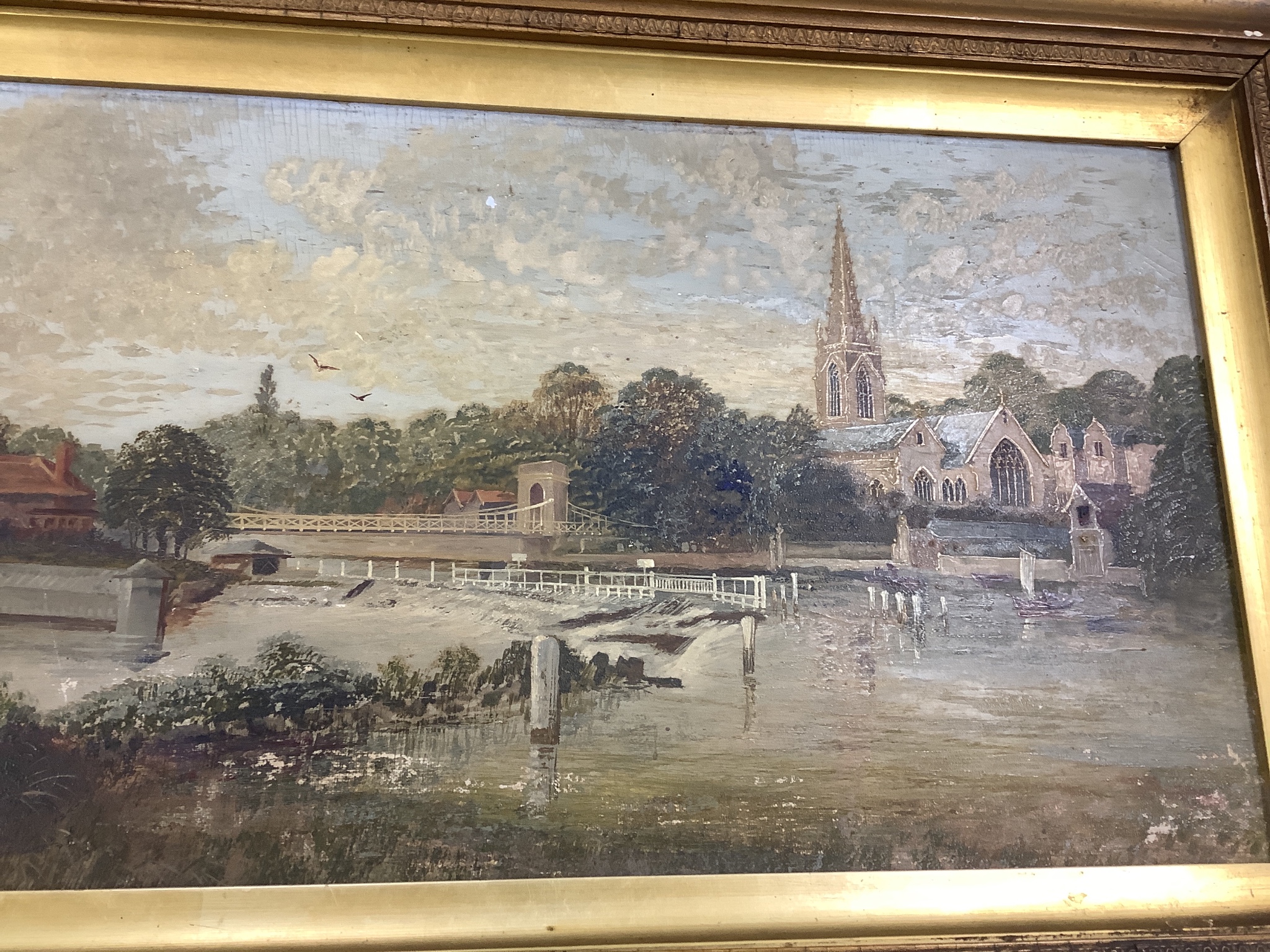 English School c.1900, oil on canvas, Bridge and weir over The Thames, 23 x 47cm